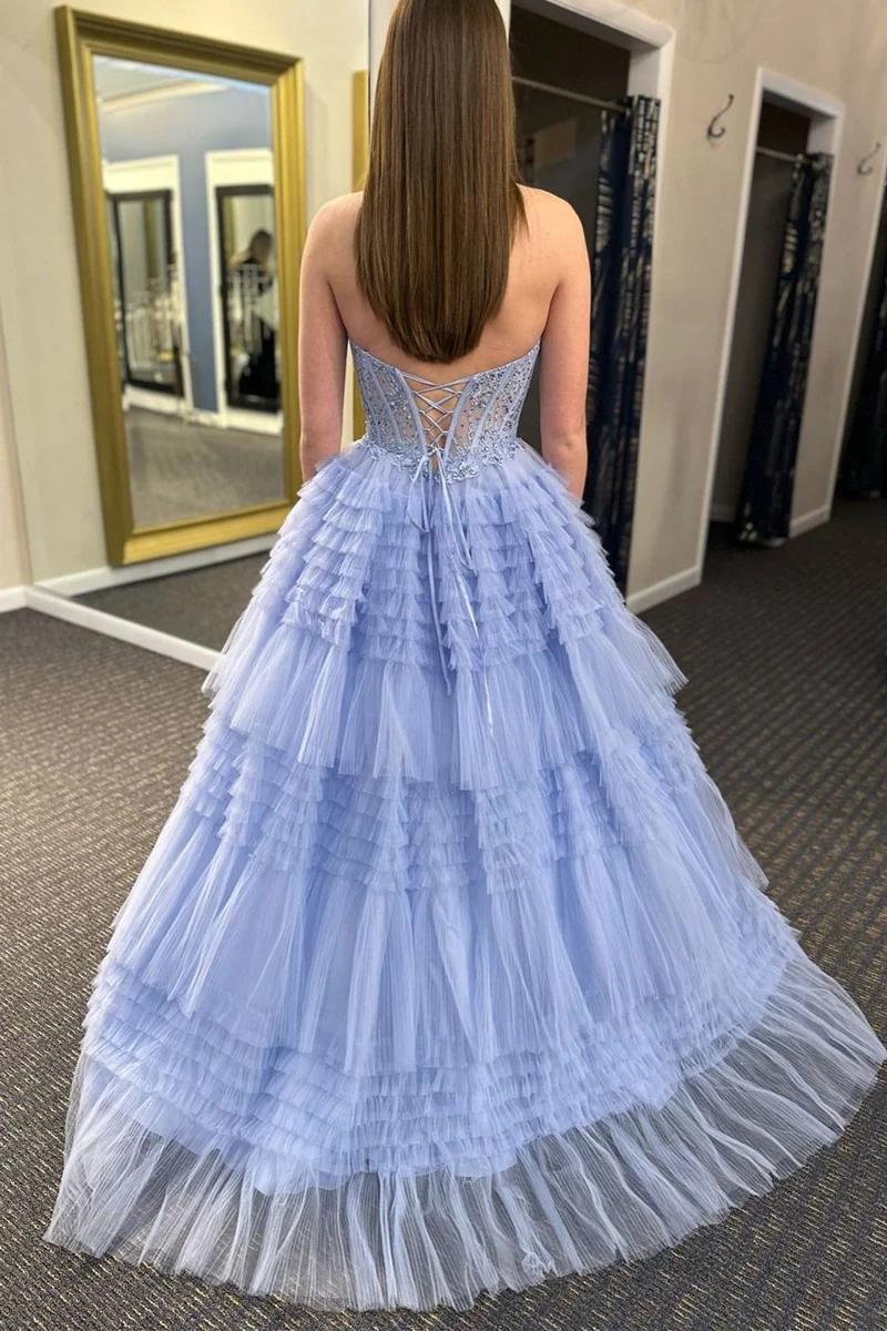 A-Line Ruffle Tiered Tulle Long Prom Dresses with Appliques