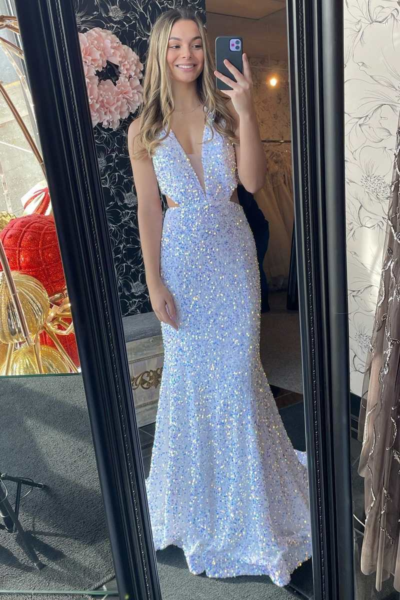 Mermaid Light Blue Iridescent Sequin Halter Cutout Long Prom Dresses