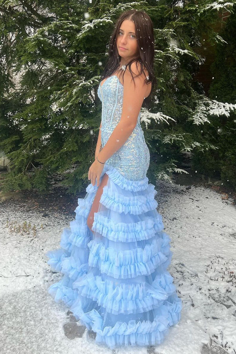 Light Blue Sweetheart Sequins Lace Prom Dresses