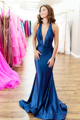 Mermaid V Neck Navy Satin Long Prom Dresses