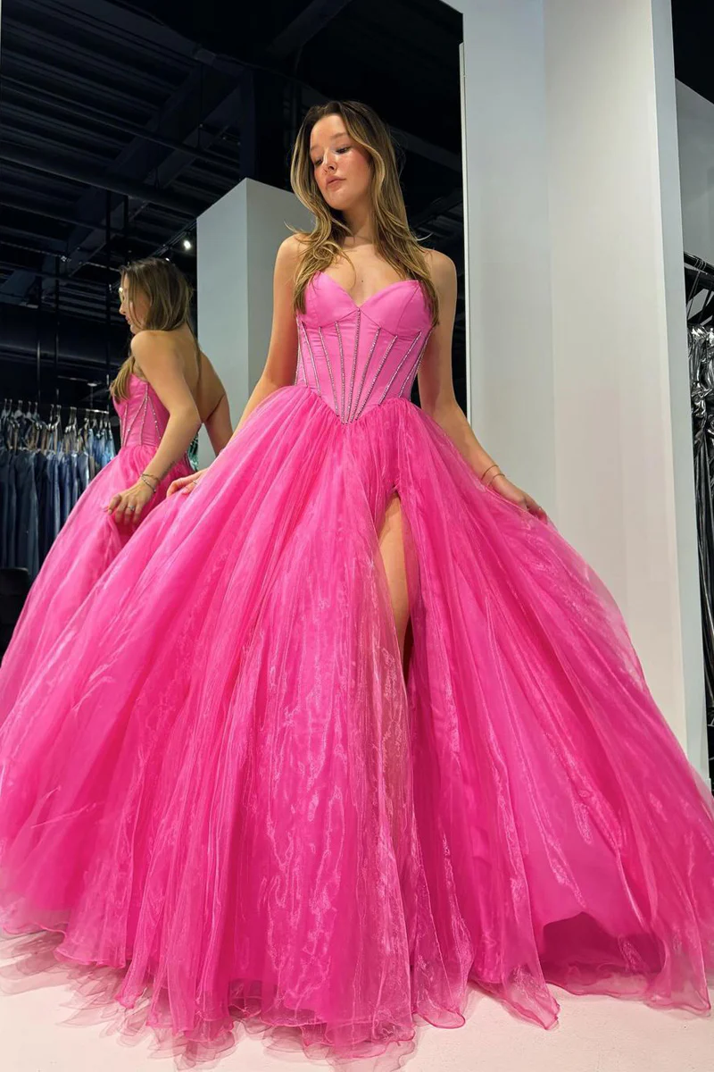 Pink Strapless Organza A-Line Long Prom Dresses