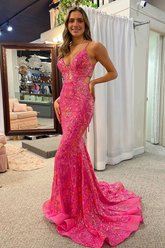 Fuchsia Sequins Appliques Long V Neck Prom Dresses