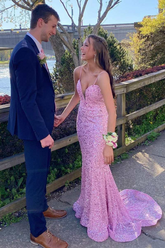 Pink Sequin Plunge V-neck Mermaid Long Prom Dresses