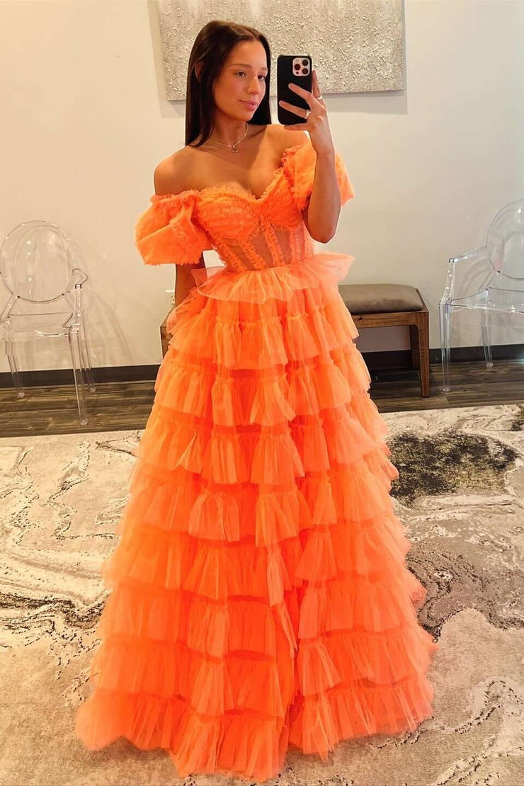 Ball Gown Orange Tulle Strapless Tiered Prom Dresses Custom Color / US14 Ball Gown Orange Tulle Strapless Tiered Prom Dresses Custom Color / US14