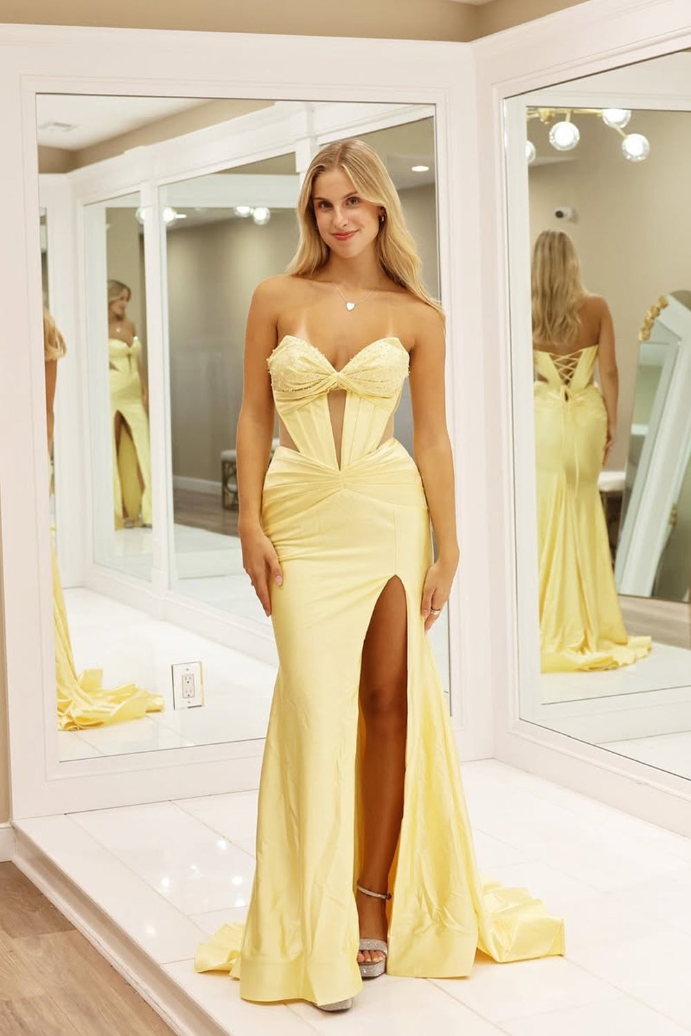Mermaid Sweetheart Yellow Satin Slit Prom Dresses luladress Mermaid Sweetheart Yellow Satin Slit Prom Dresses luladress
