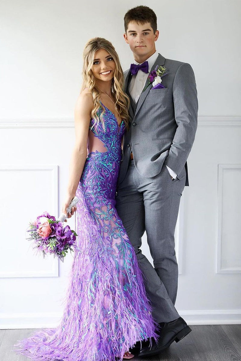 V Neck Purple Sequins Mermaid Long Prom Dresses