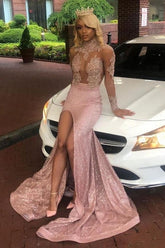 Dusty Pink Long Sleevess Lace Appliques New Arrival High Split Sequined Long Prom Dresses