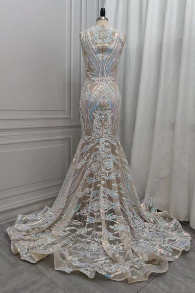 Robes de soirée sirène blanches en dentelle à paillettes Scintillantes en solde