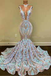 Sequins White Mermaid Lace Prom Dresses Sparkle Evening Dresses On Sale