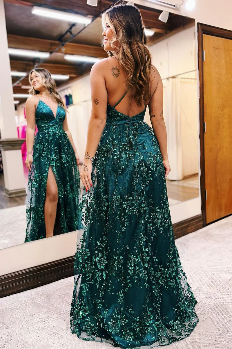 Dark Green Sequin Lace V Neck Long Prom Dresses