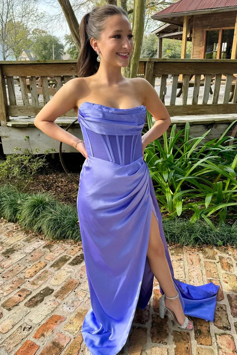 Periwinkle Strapless Pleated Prom Dresses