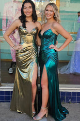 V Neck Green Sparkly Satin Slit Mermaid Prom Dresses