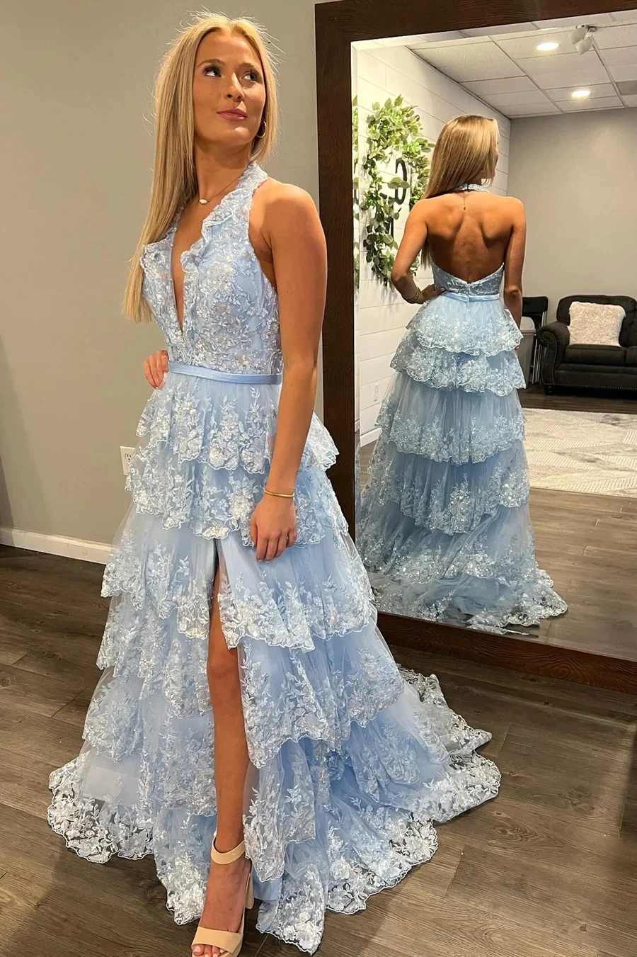 Light Blue Tulle Appliques Halter Ruffle Tiered Long Prom Dresses