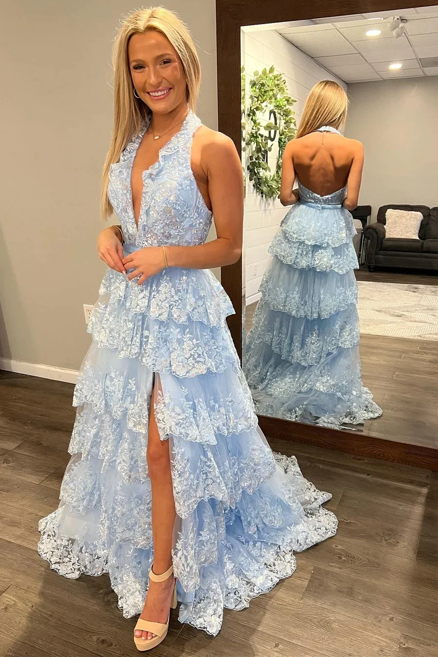 Light Blue Tulle Appliques Halter Ruffle Tiered Long Prom Dresses