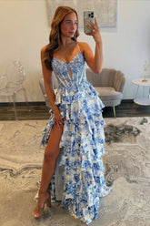 A Line V Neck Flower Print Satin Long Prom Dresses