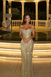 Off-The-Shoulder Mermaid champagne Prom Dresses Column Long With Pleats