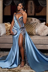 Mermaid Dusty Blue One shoulder High Split Beaded Long Prom Dresses