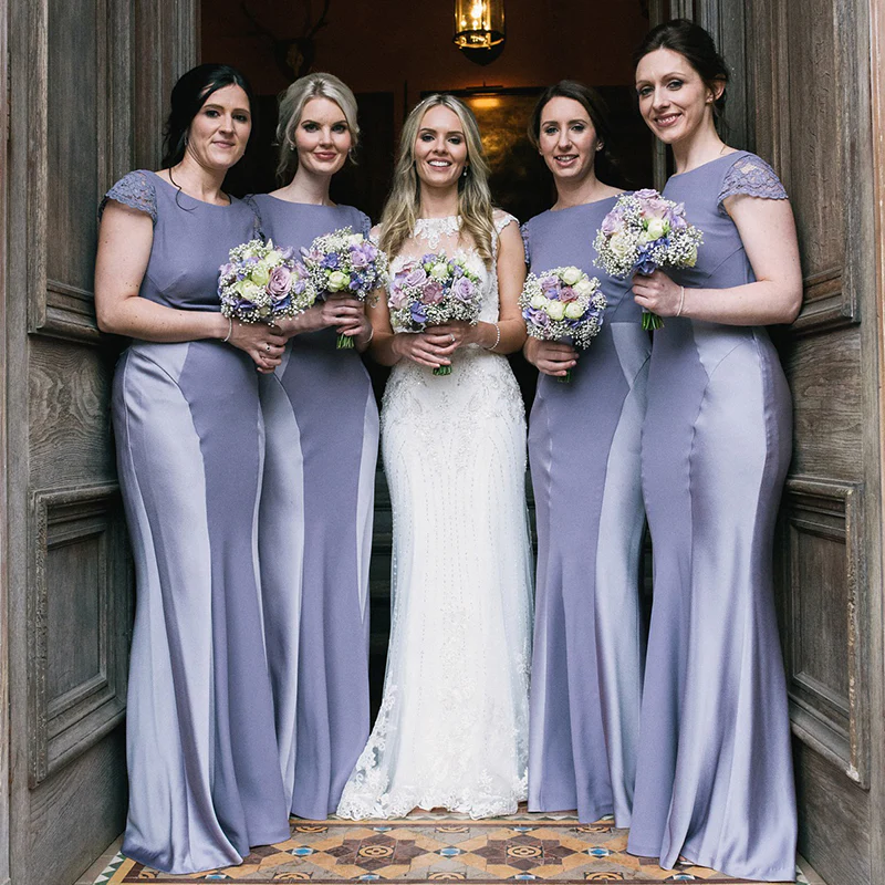 Dusty Blue And Gray Short Sleeves Soft Mermaid Round Neck Long Bridesm