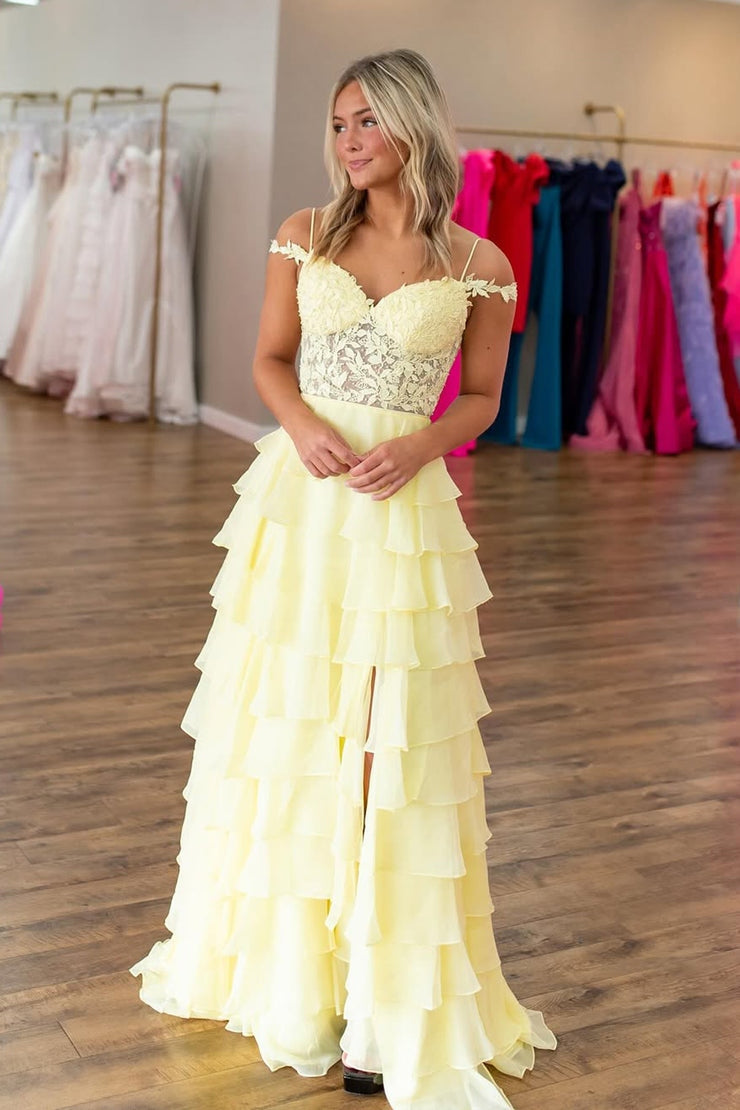 A Line Off the Shoulder Daffodial Chiffon Slit Prom Dresses luladress A Line Off the Shoulder Daffodial Chiffon Slit Prom Dresses luladress