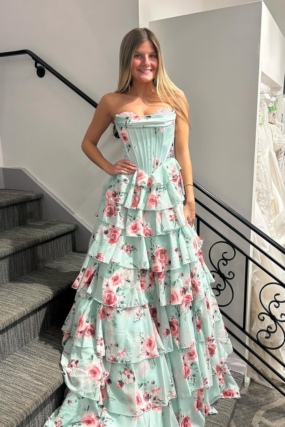 A Line Strapless Sweetheart Floral Chiffon Tiered Long Prom Dresses – luladress