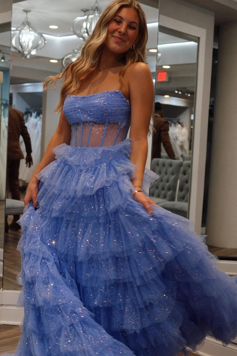 Sparkly Long A-Line Strapless Tiered Tulle Prom Dresses