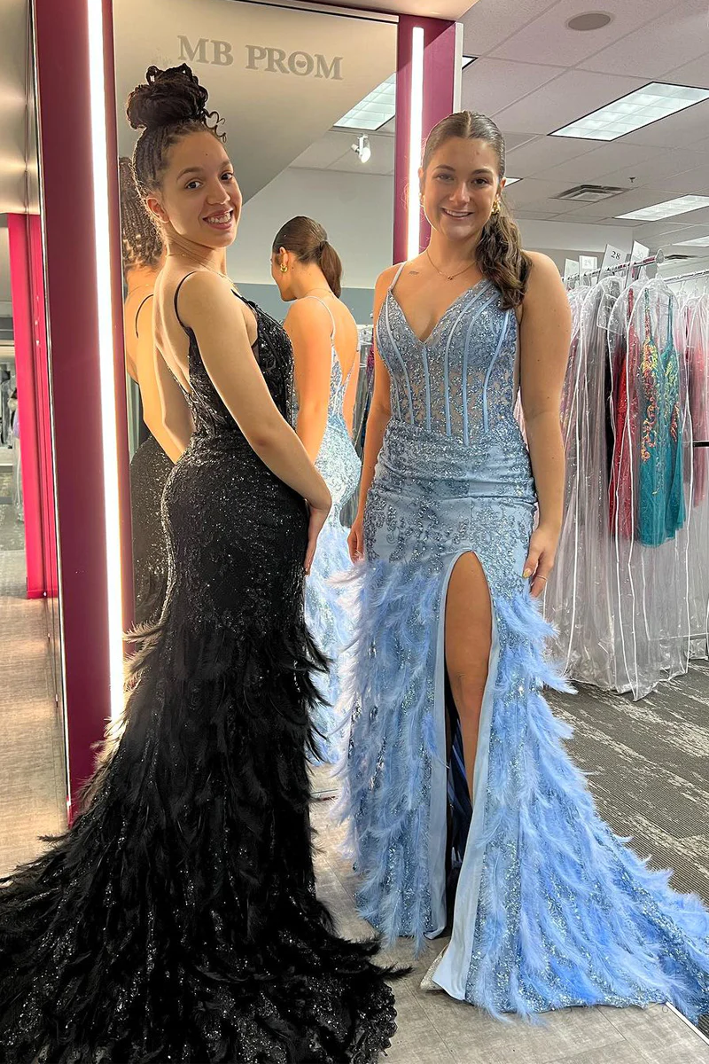 Blue Sequin V Neck Lace Long Prom Dresses with Feather