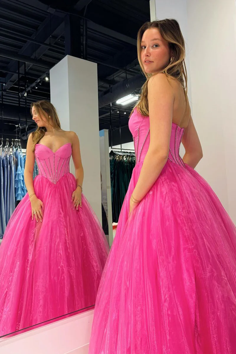 Pink Strapless Organza A-Line Long Prom Dresses