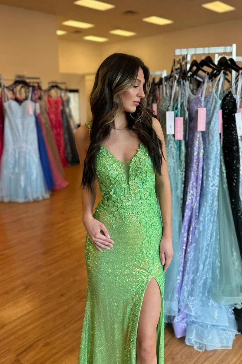 Cute Mermaid V Neck Green Sequin Mermaid Long Prom Dresses
