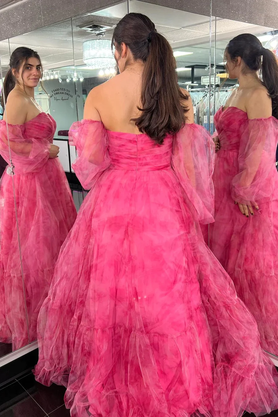 A-Line Hot Pink Print Sweetheart Long Prom Dresses
