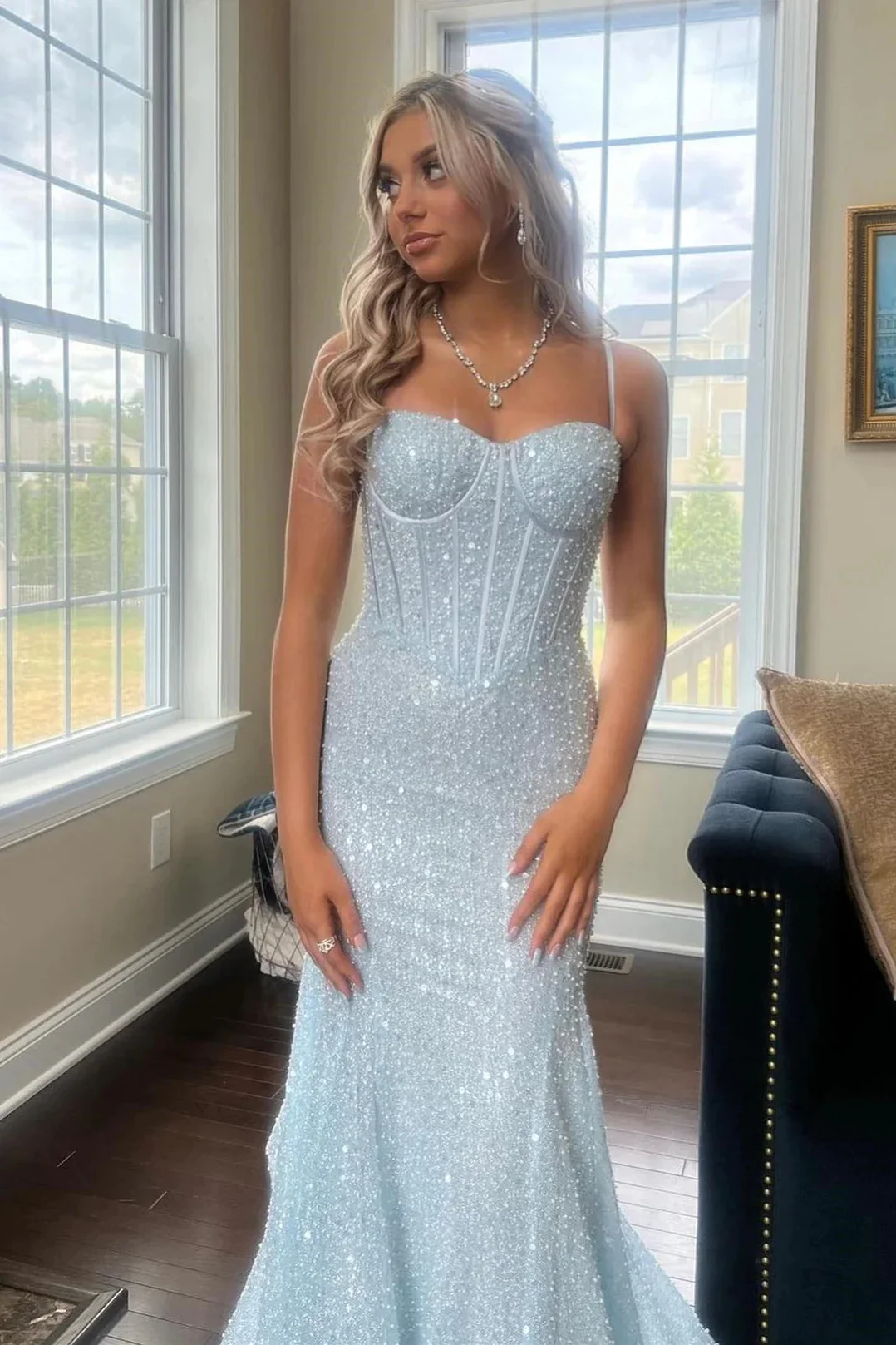 Light Blue Sequins Straps Mermaid Long Prom Dresses luladress Light Blue Sequins Straps Mermaid Long Prom Dresses luladress