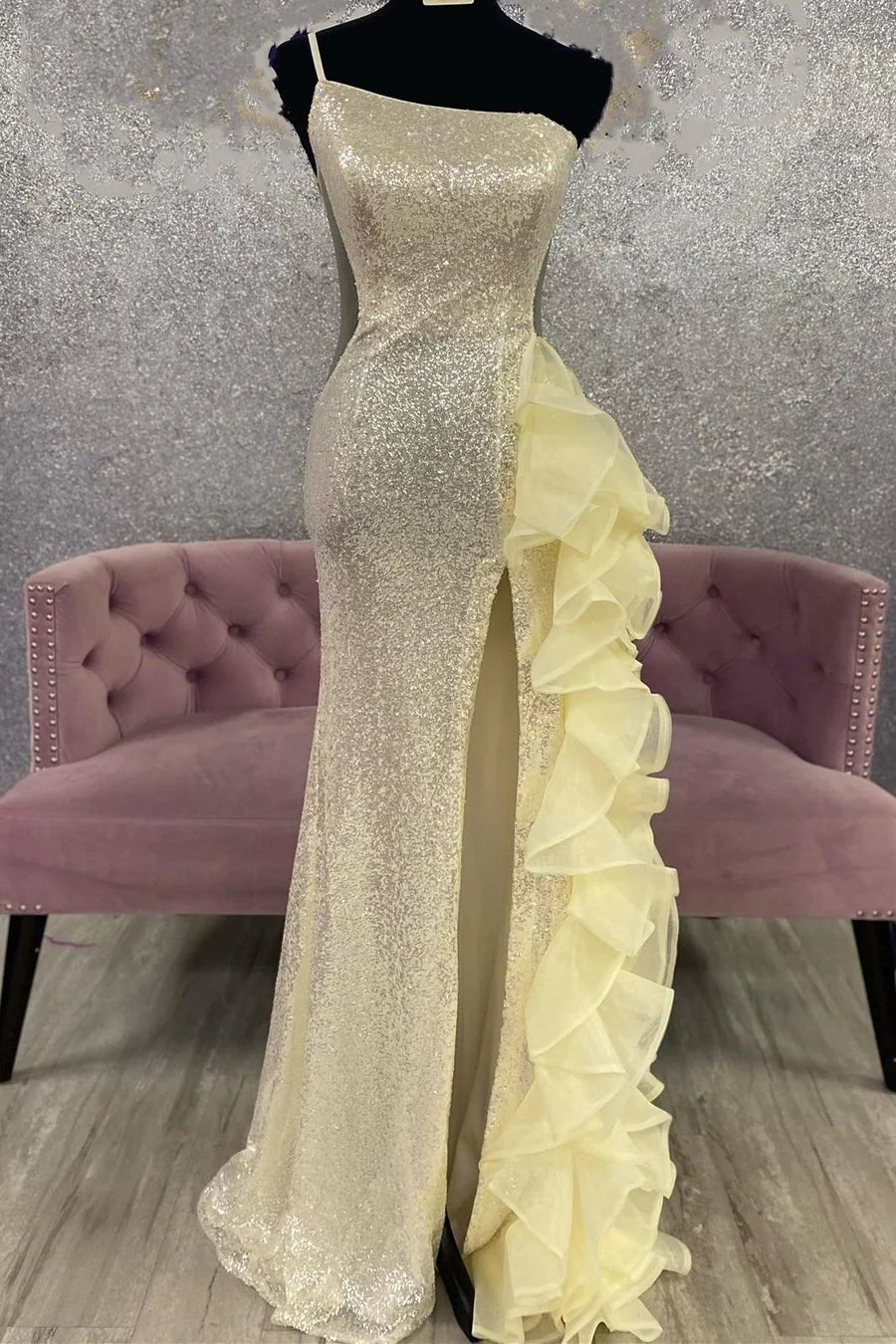 Black Sequin Mesh One-Shoulder Ruffle Long Formal Dresses