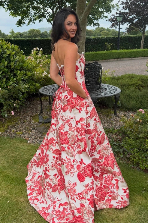 A Line Chiffon Strapless Hot Pink Long Prom Dresses
