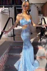 Mermaid Light Blue Sequin Twist-Front Lace-Up Long Prom Gown