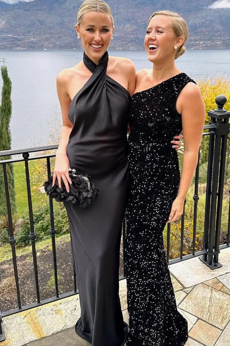 Long Black Halter Backless Silk Satin Evening Dresses Pic Color / US10 Long Black Halter Backless Silk Satin Evening Dresses Pic Color / US10