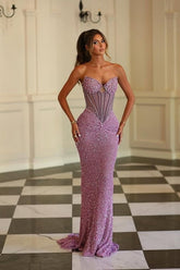 Mermaid Elegant Lilac Sweetheart Strapless Prom Dresses Sequins Gem Sleeveless On Sale