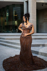 V-neck Elegant Sparkle Brown Mermaid Court Train Sleeveless Prom Dresses