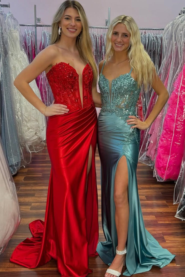 Mermaid Strapless Red Sparkly Satin Prom Dresses