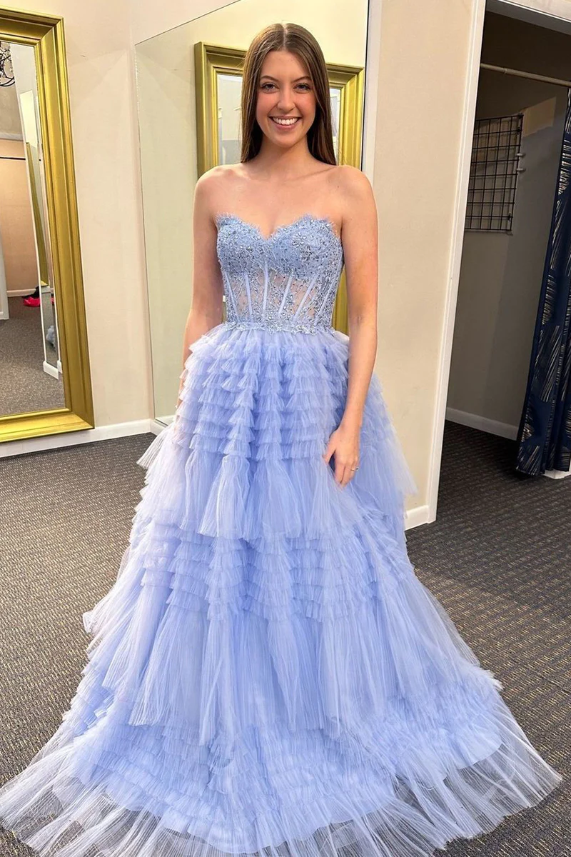 A-Line Ruffle Tiered Tulle Long Prom Dresses with Appliques A-Line Ruffle Tiered Tulle Long Prom Dresses with Appliques