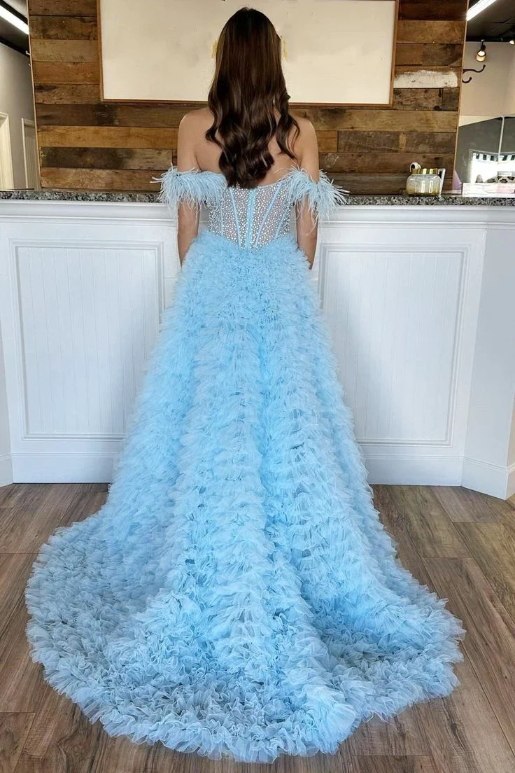 Beaded Feather Long Off-the-Shoulder Tiered Prom Dresses