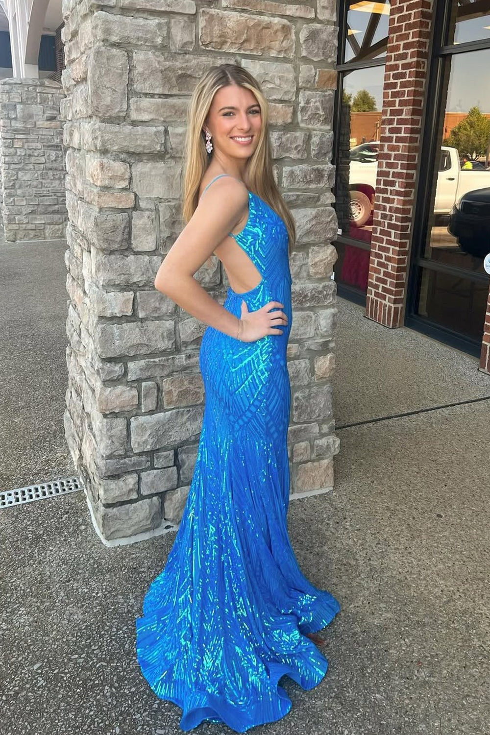 V Neck Mermaid Blue Sequins Lace Slit Prom Dresses