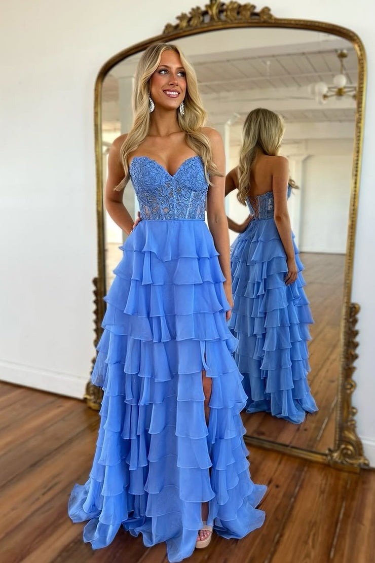A Line Sweetheart Blue Chiffon Tiered Prom Dresses – luladress