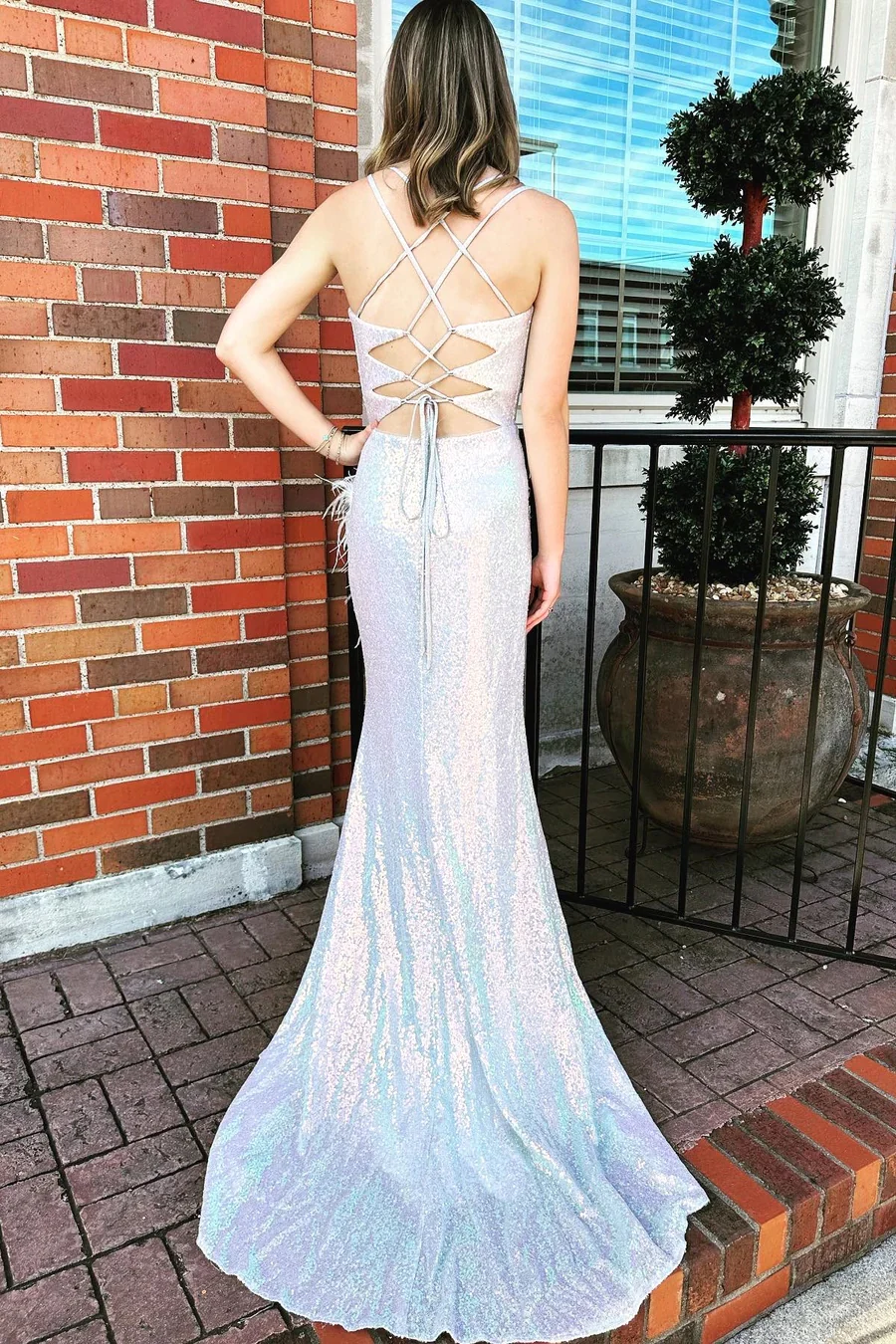 Silver Sequin V-Neck Lace-Up V-Neck Long Prom Dresses