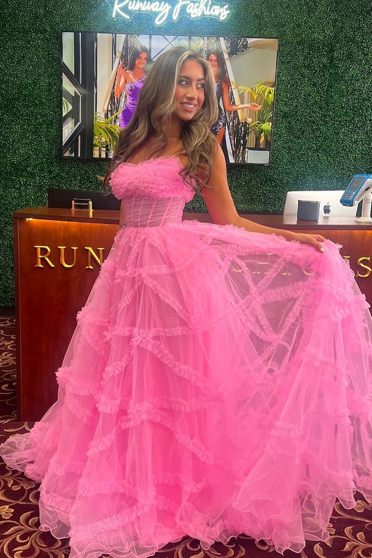 A Line Strapless Pink Tulle Long Prom Dresses