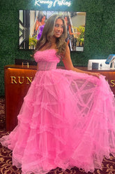 A Line Strapless Pink Tulle Long Prom Dresses