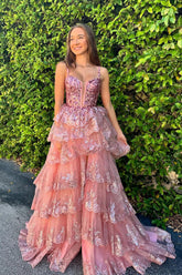 V Neck Blush Sequins Tiered A Line Prom Dresses