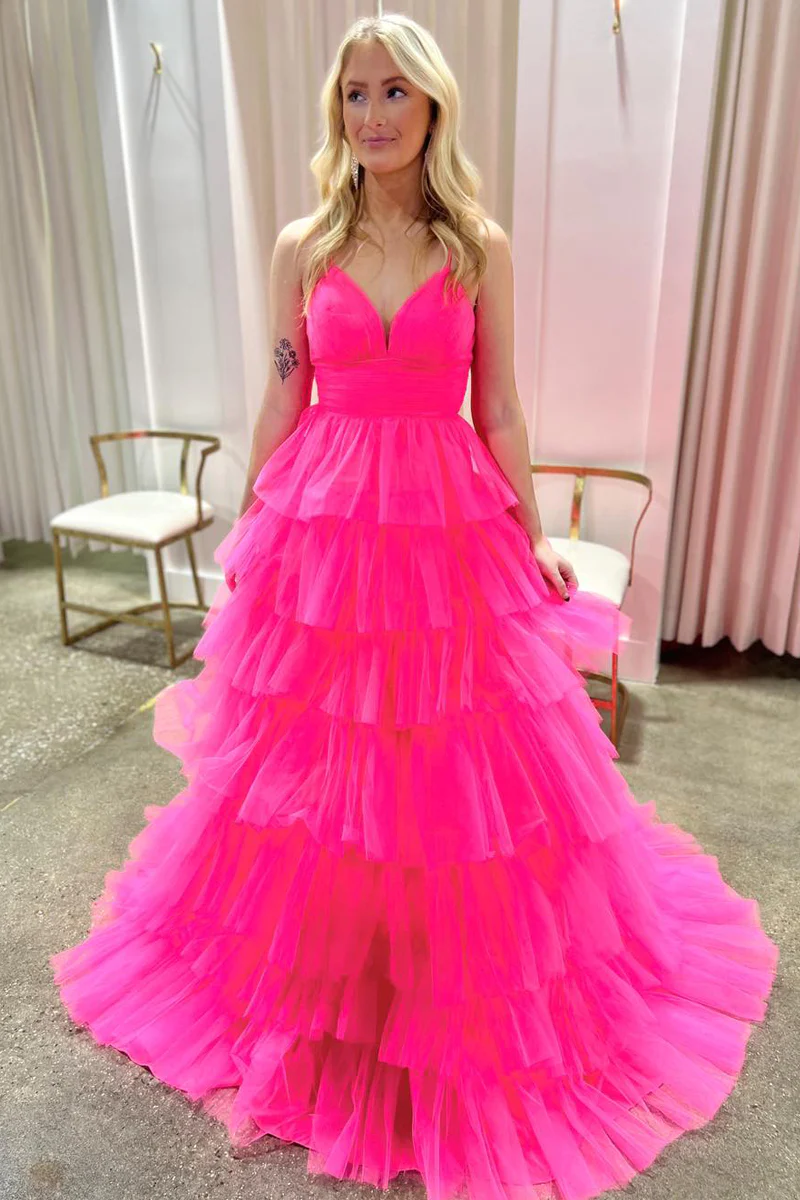 Lilac V Neck Ruffle Tiered Long Prom Dresses