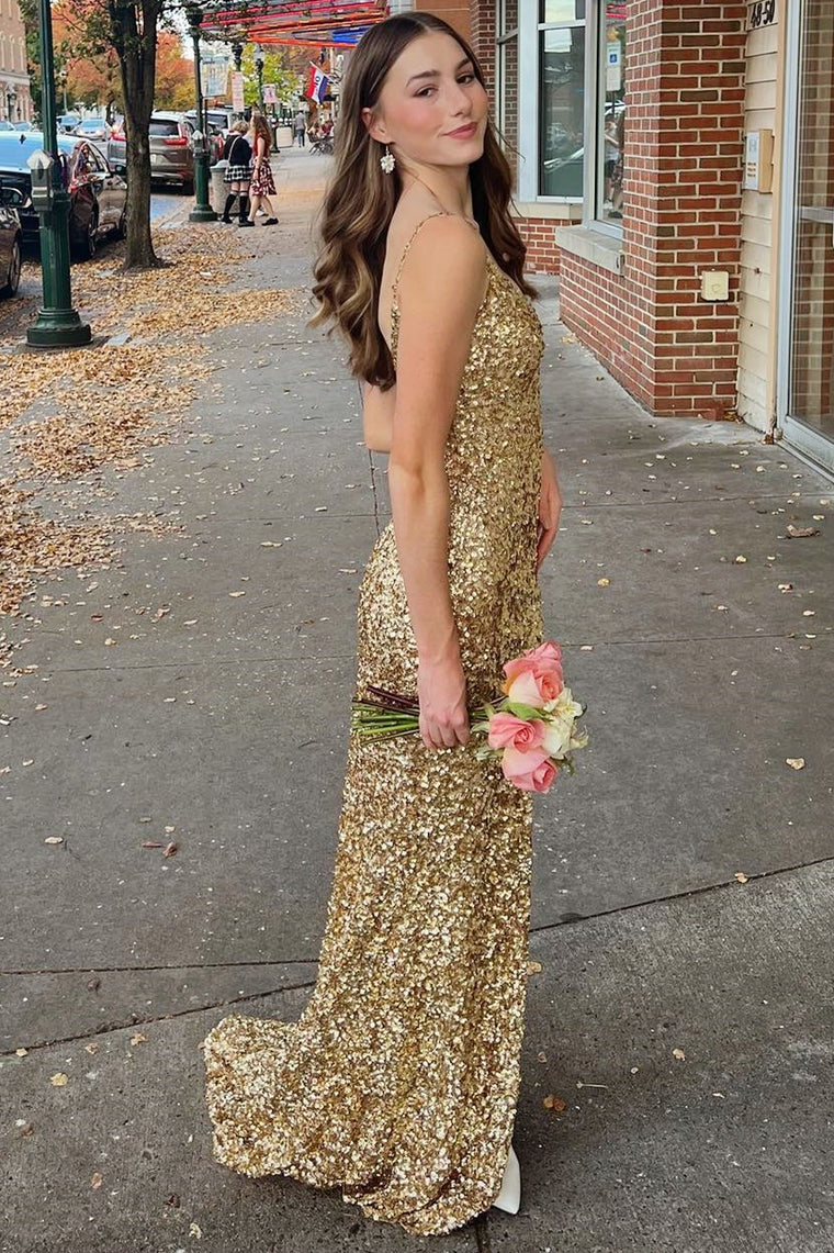 Gold Sequin Backless Mermaid V-Neck Long Formal Dresses