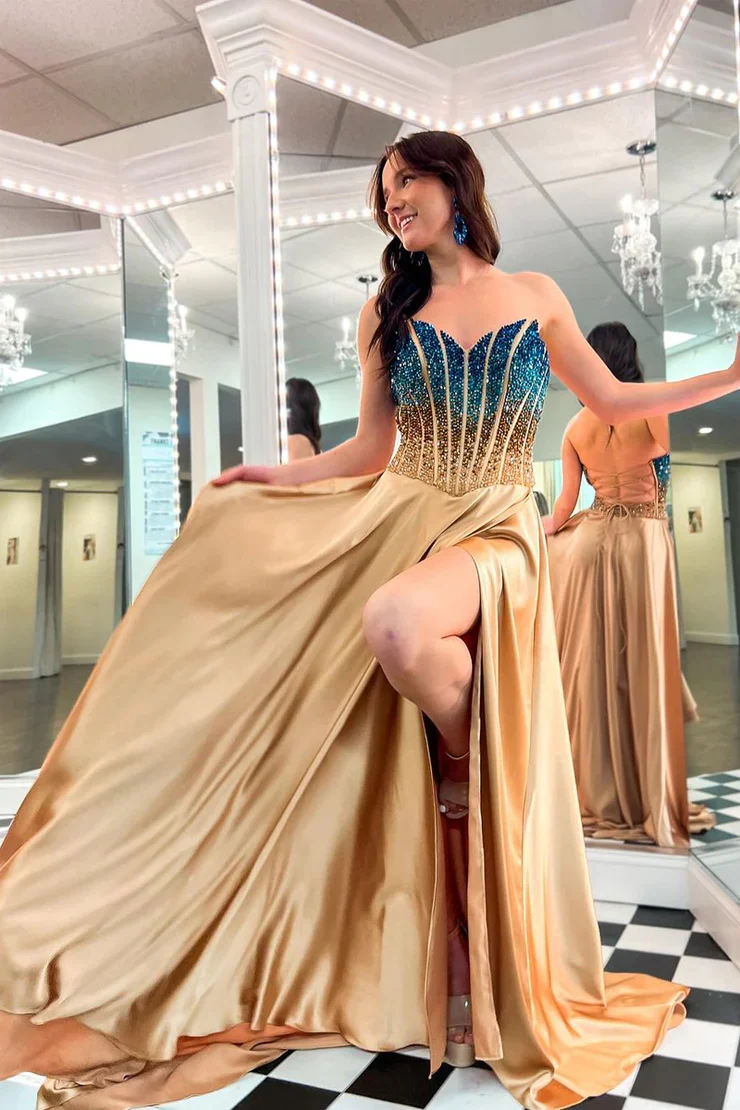 A-Line Strapless Gold Long Prom Dresses with Beadings luladress A-Line Strapless Gold Long Prom Dresses with Beadings luladress