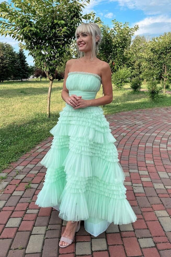 Mint Green Strapless Tulle Tiered Ruffles High-Low Prom Dress, Mint Green / 18 Mint Green Strapless Tulle Tiered Ruffles High-Low Prom Dress, Mint Green / 18