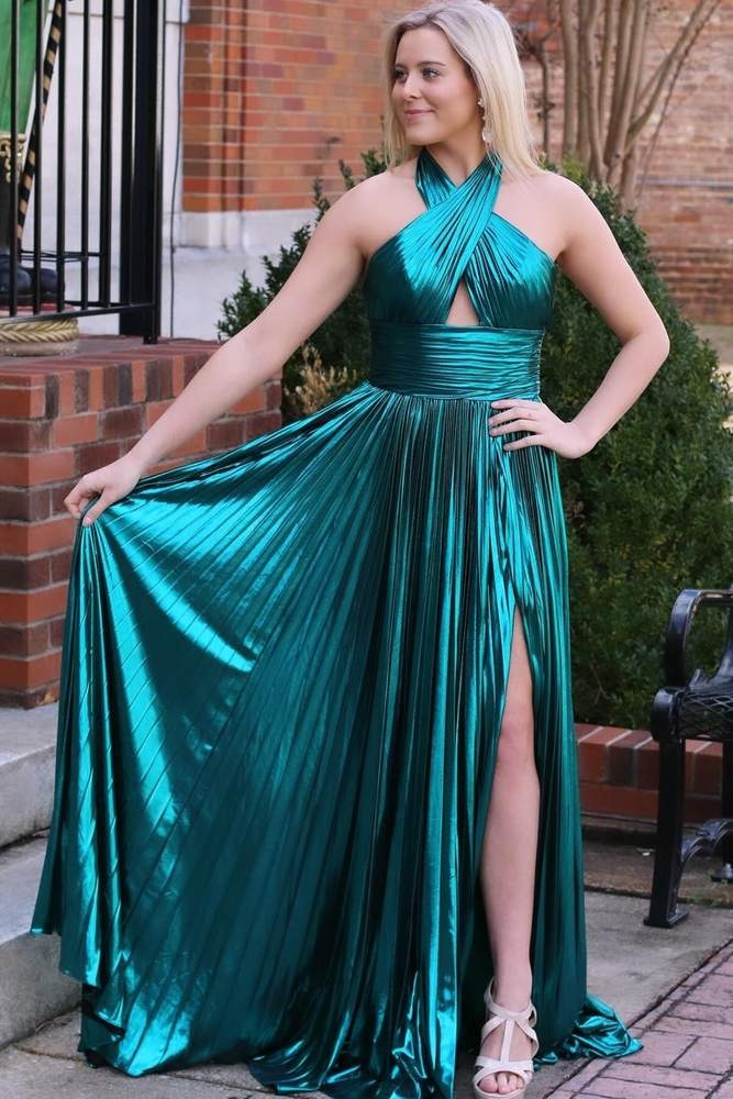 Emerald Green prom dresses,Metallic Key Hole Pleated Gown with Slit luladress Emerald Green prom dresses,Metallic Key Hole Pleated Gown with Slit luladress